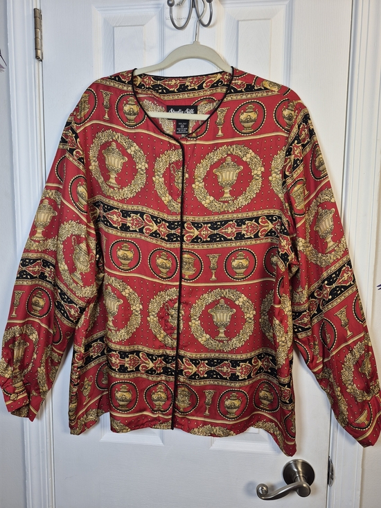 Studio Silk Tops - Studio Silk 100% Silk Vintage Baroque Urn Print Blouse Red Gold 20W
